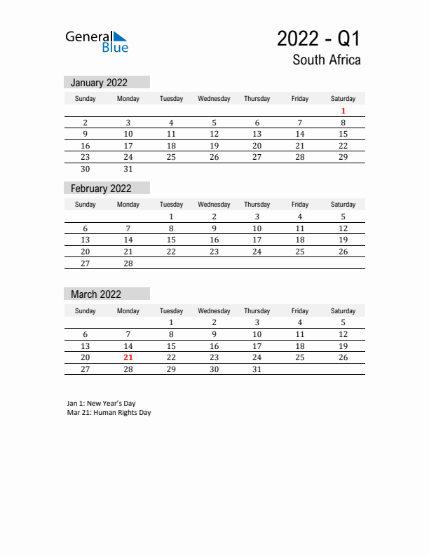 South Africa Quarter 1 2022 Calendar with Holidays