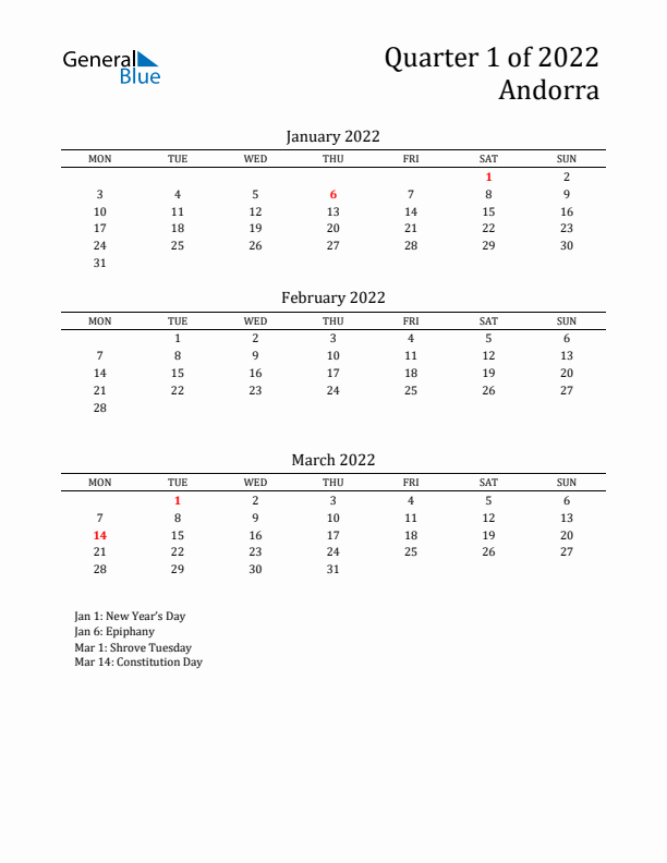 Quarter 1 2022 Andorra Quarterly Calendar