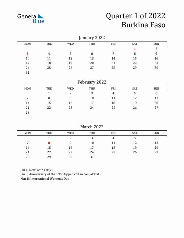 Quarter 1 2022 Burkina Faso Quarterly Calendar