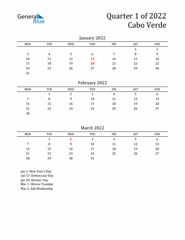 Quarter 1 2022 Cabo Verde Quarterly Calendar