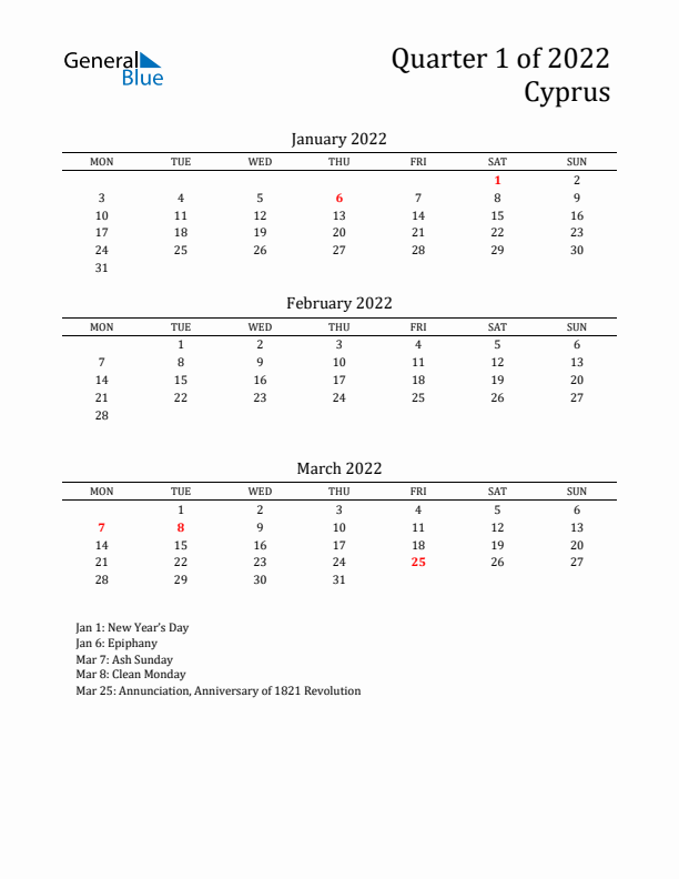 Quarter 1 2022 Cyprus Quarterly Calendar