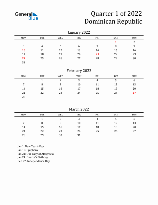 Quarter 1 2022 Dominican Republic Quarterly Calendar