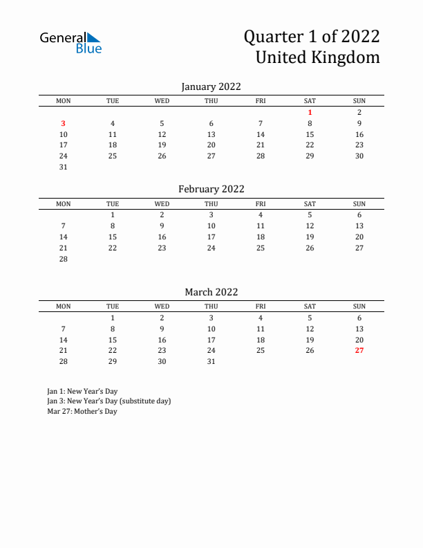 Quarter 1 2022 United Kingdom Quarterly Calendar