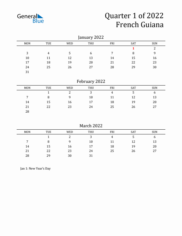 Quarter 1 2022 French Guiana Quarterly Calendar