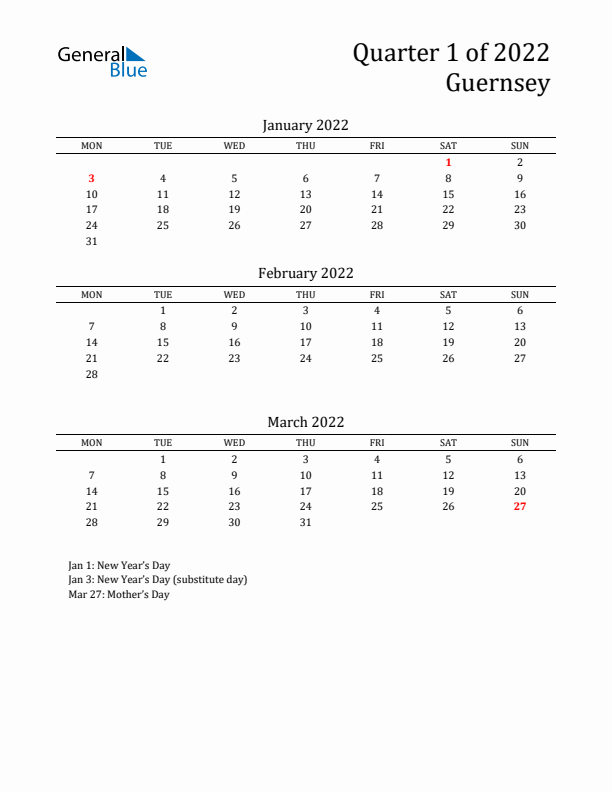 Quarter 1 2022 Guernsey Quarterly Calendar