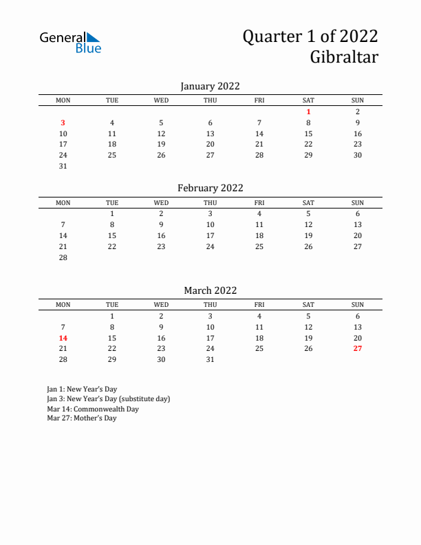 Quarter 1 2022 Gibraltar Quarterly Calendar