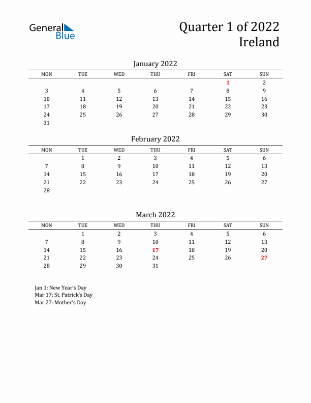 Quarter 1 2022 Ireland Quarterly Calendar