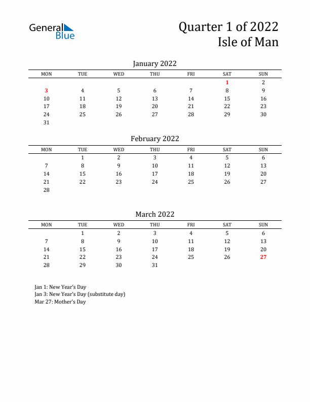 Quarter 1 2022 Isle of Man Quarterly Calendar