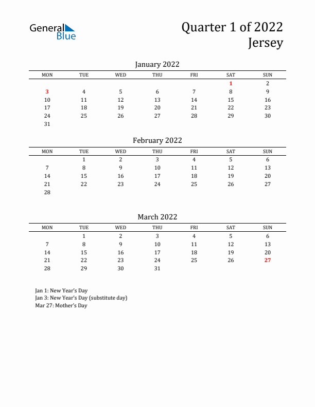 Quarter 1 2022 Jersey Quarterly Calendar