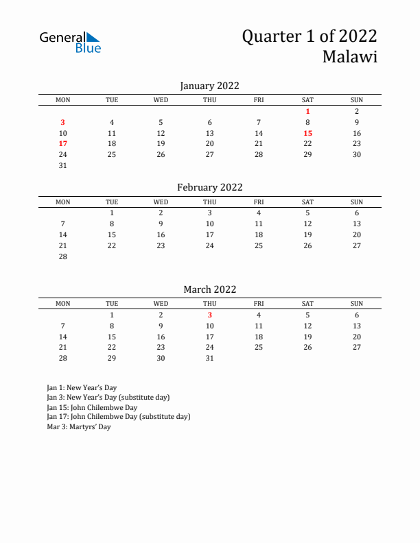 Quarter 1 2022 Malawi Quarterly Calendar