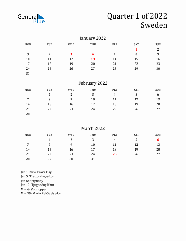 Quarter 1 2022 Sweden Quarterly Calendar