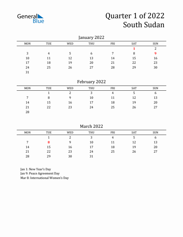 Quarter 1 2022 South Sudan Quarterly Calendar