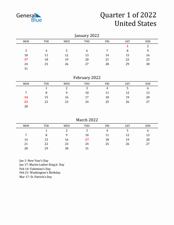 Quarter 1 2022 United States Quarterly Calendar