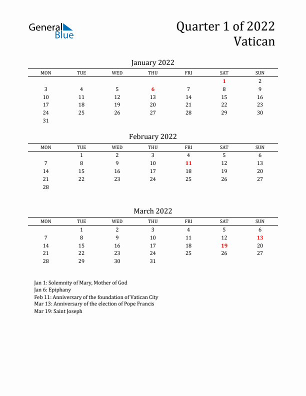 Quarter 1 2022 Vatican Quarterly Calendar