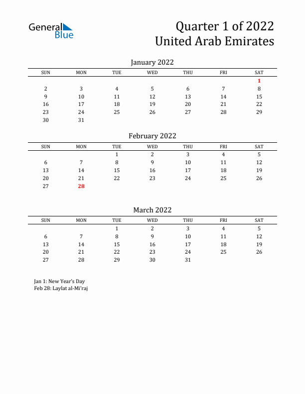 Quarter 1 2022 United Arab Emirates Quarterly Calendar