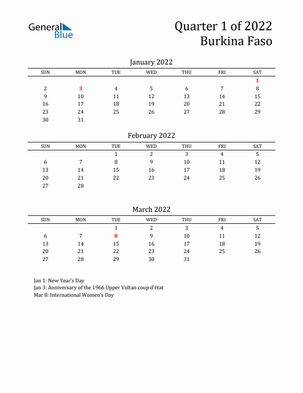 Quarter 1 2022 Burkina Faso Quarterly Calendar