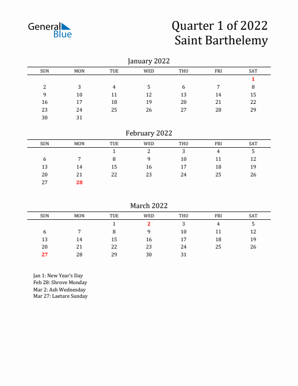 Quarter 1 2022 Saint Barthelemy Quarterly Calendar