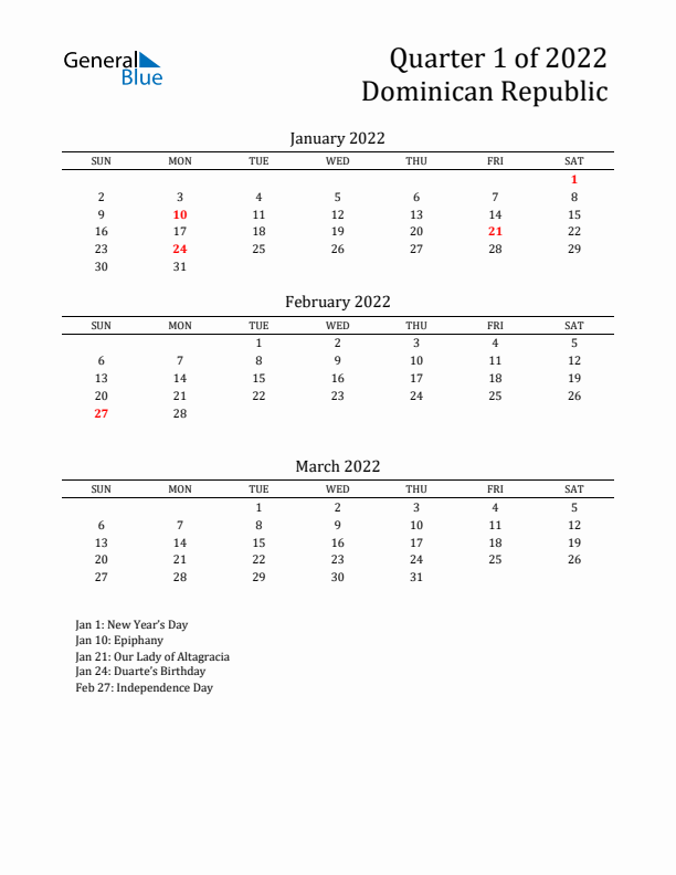 Quarter 1 2022 Dominican Republic Quarterly Calendar