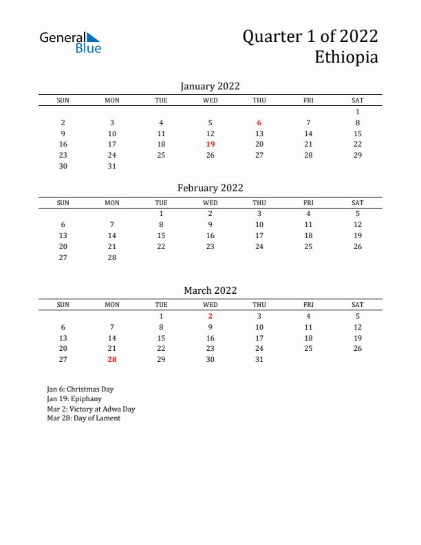 Quarter 1 2022 Ethiopia Quarterly Calendar