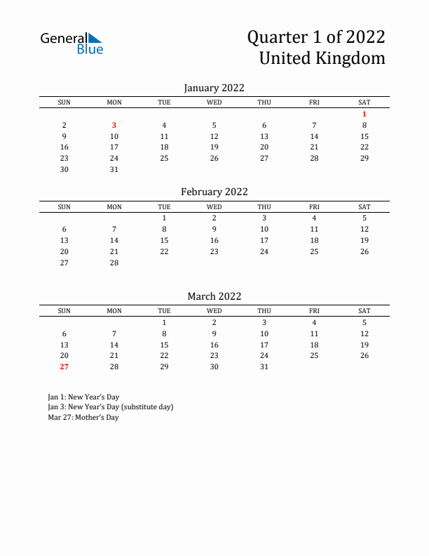 Quarter 1 2022 United Kingdom Quarterly Calendar