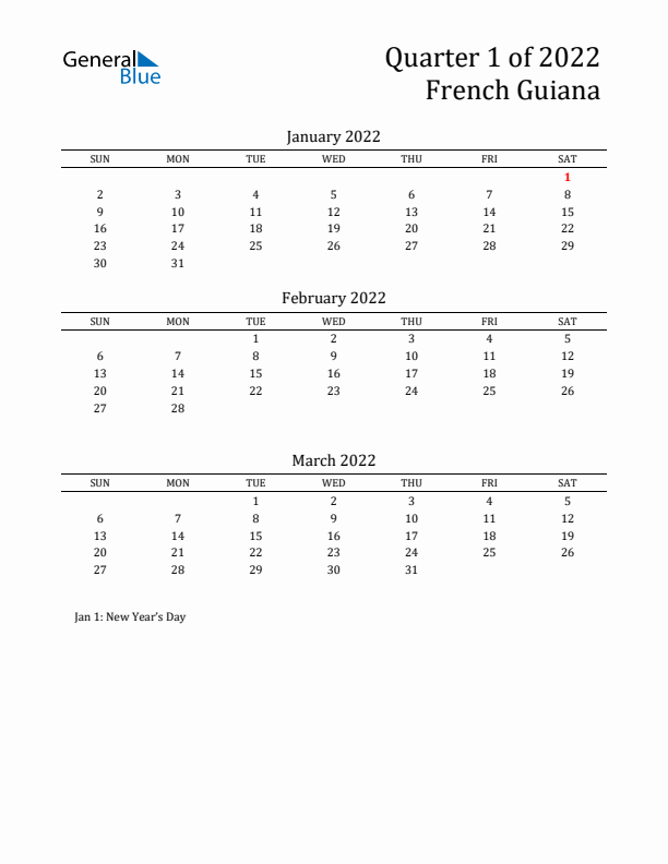 Quarter 1 2022 French Guiana Quarterly Calendar