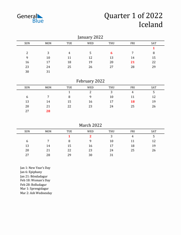 Quarter 1 2022 Iceland Quarterly Calendar