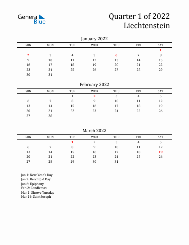 Quarter 1 2022 Liechtenstein Quarterly Calendar