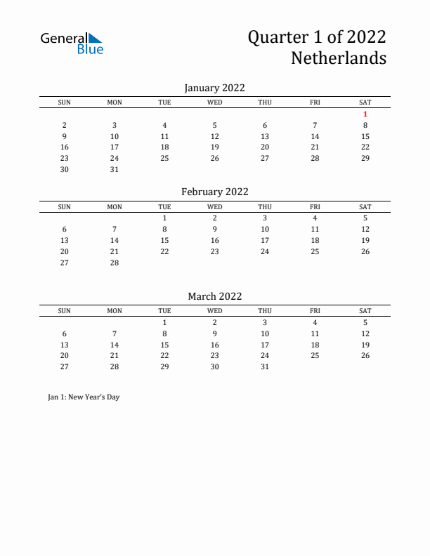 Quarter 1 2022 The Netherlands Quarterly Calendar