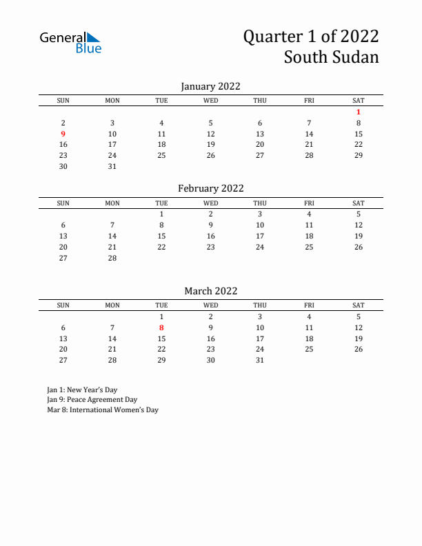 Quarter 1 2022 South Sudan Quarterly Calendar