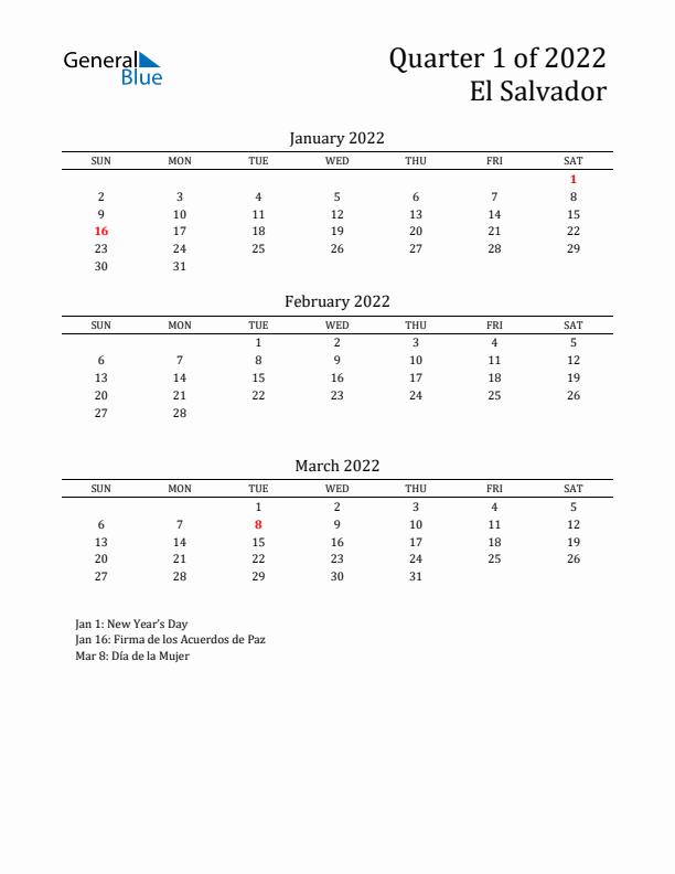 Quarter 1 2022 El Salvador Quarterly Calendar