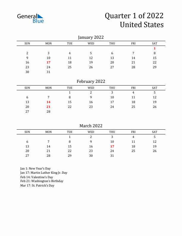 Quarter 1 2022 United States Quarterly Calendar