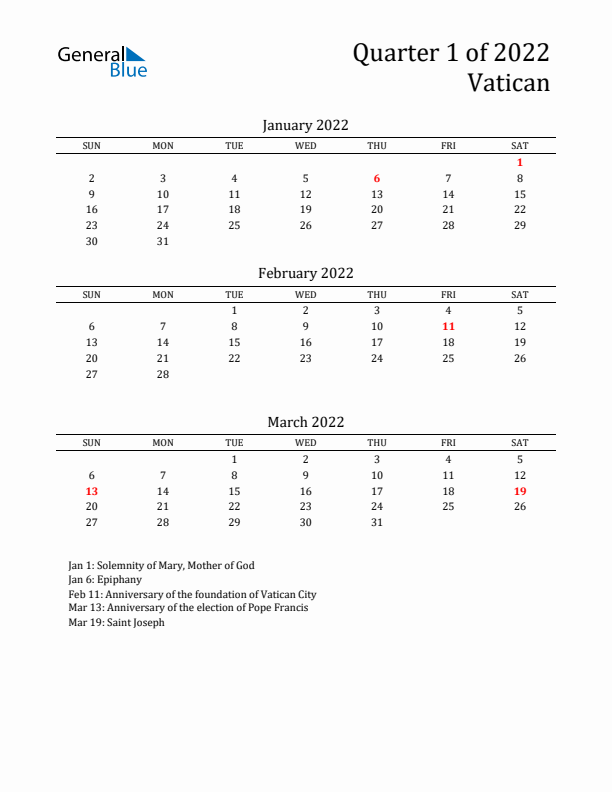 Quarter 1 2022 Vatican Quarterly Calendar