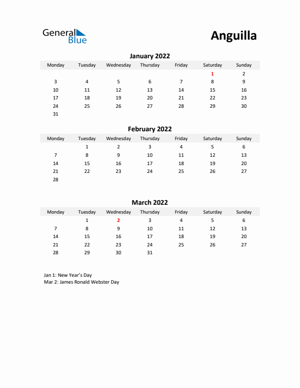 Printable Quarterly Calendar with Notes and Anguilla Holidays- Q1 of 2022