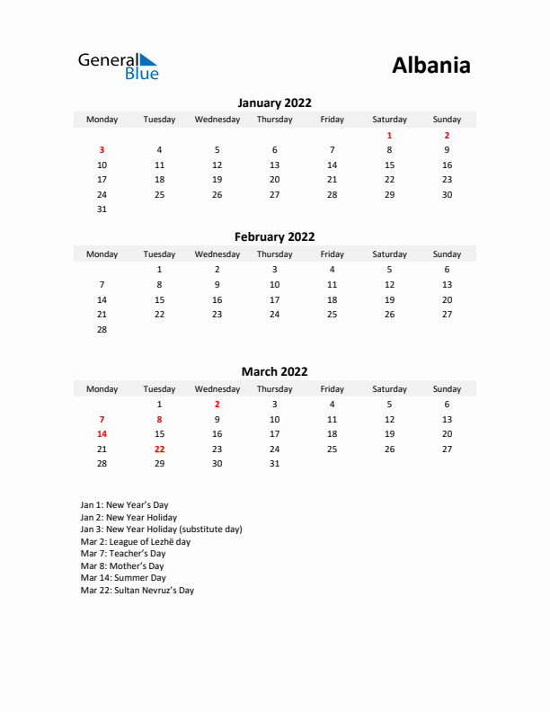 Printable Quarterly Calendar with Notes and Albania Holidays- Q1 of 2022