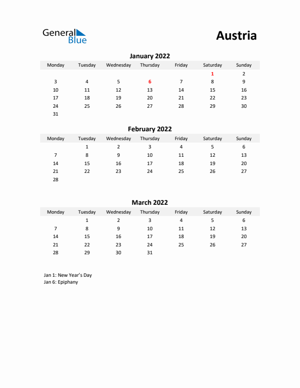 Printable Quarterly Calendar with Notes and Austria Holidays- Q1 of 2022