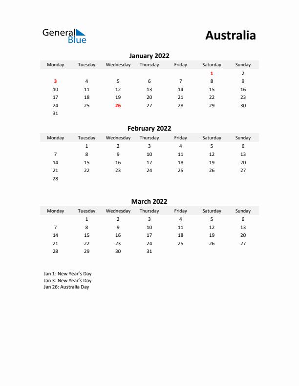 Printable Quarterly Calendar with Notes and Australia Holidays- Q1 of 2022