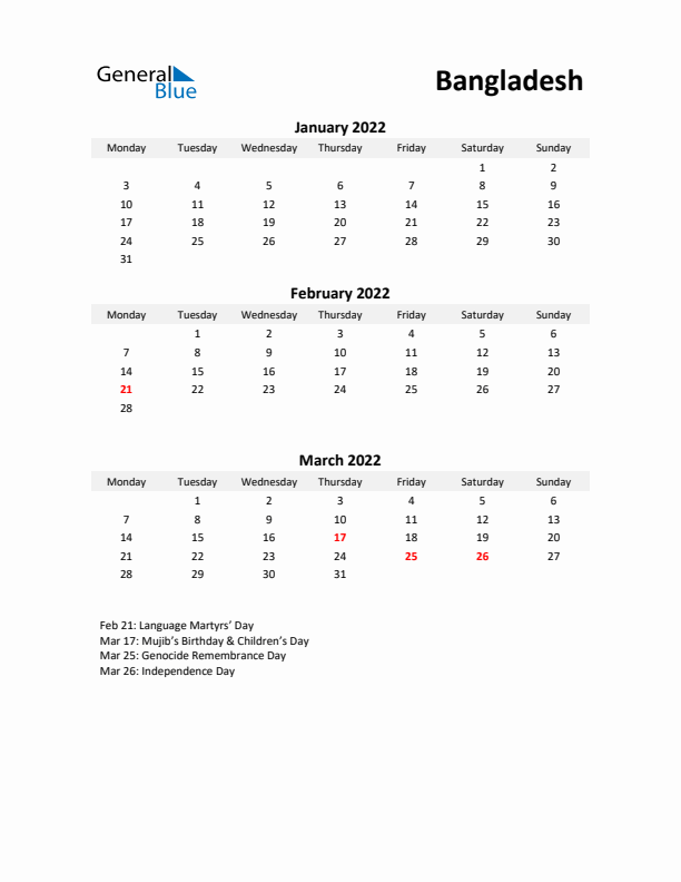 Printable Quarterly Calendar with Notes and Bangladesh Holidays- Q1 of 2022