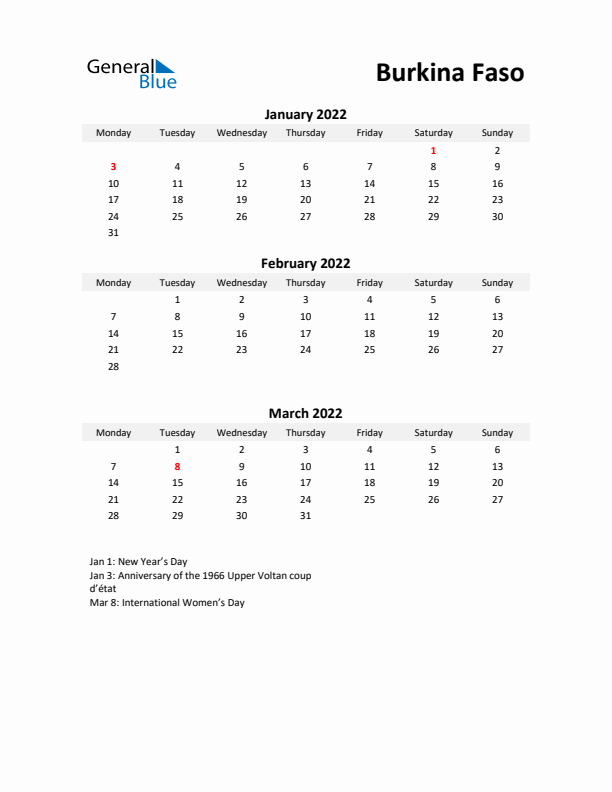 Printable Quarterly Calendar with Notes and Burkina Faso Holidays- Q1 of 2022