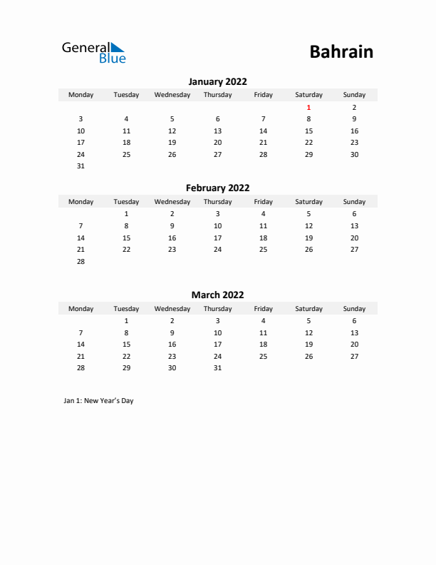 Printable Quarterly Calendar with Notes and Bahrain Holidays- Q1 of 2022