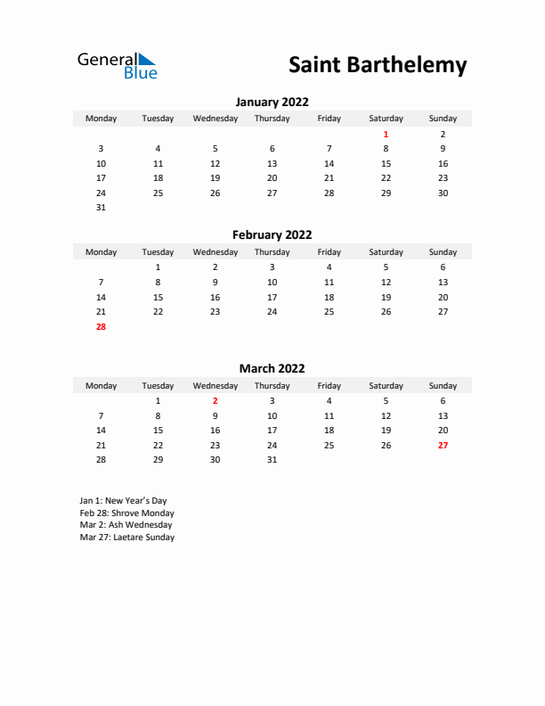 Printable Quarterly Calendar with Notes and Saint Barthelemy Holidays- Q1 of 2022