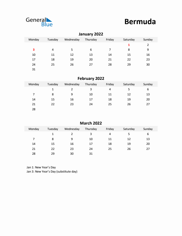 Printable Quarterly Calendar with Notes and Bermuda Holidays- Q1 of 2022