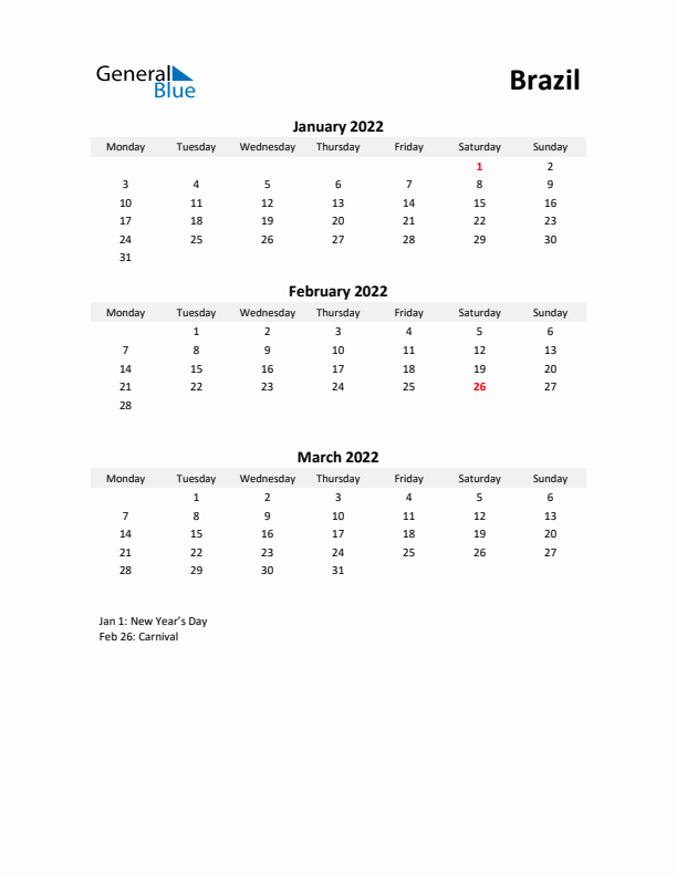 Printable Quarterly Calendar with Notes and Brazil Holidays- Q1 of 2022