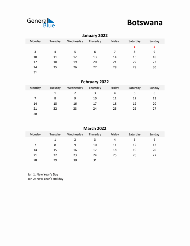 Printable Quarterly Calendar with Notes and Botswana Holidays- Q1 of 2022