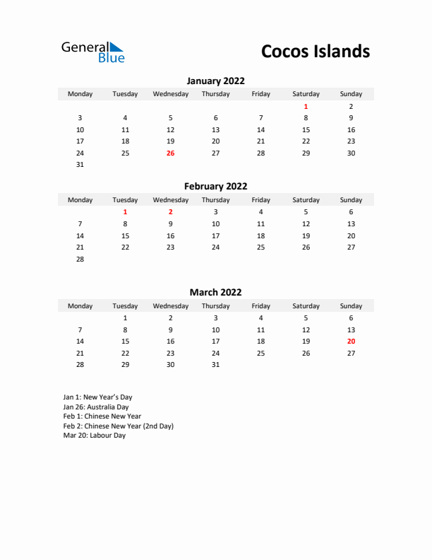 Printable Quarterly Calendar with Notes and Cocos Islands Holidays- Q1 of 2022