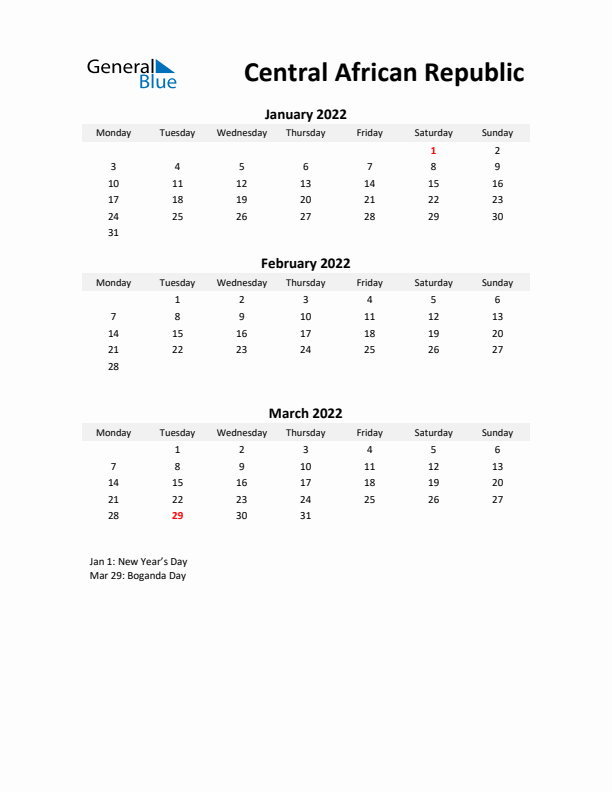 Printable Quarterly Calendar with Notes and Central African Republic Holidays- Q1 of 2022