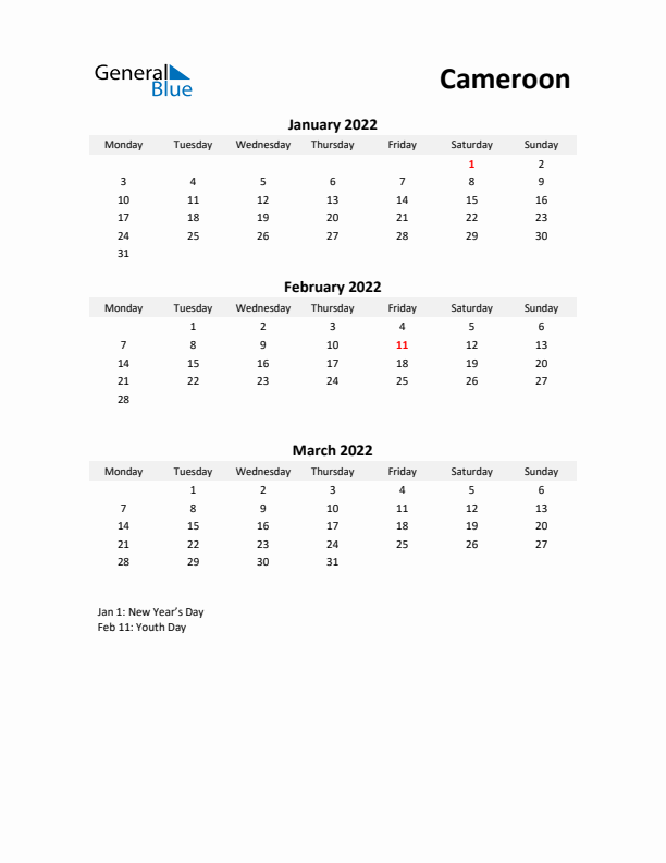 Printable Quarterly Calendar with Notes and Cameroon Holidays- Q1 of 2022