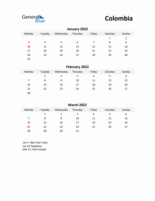 Printable Quarterly Calendar with Notes and Colombia Holidays- Q1 of 2022