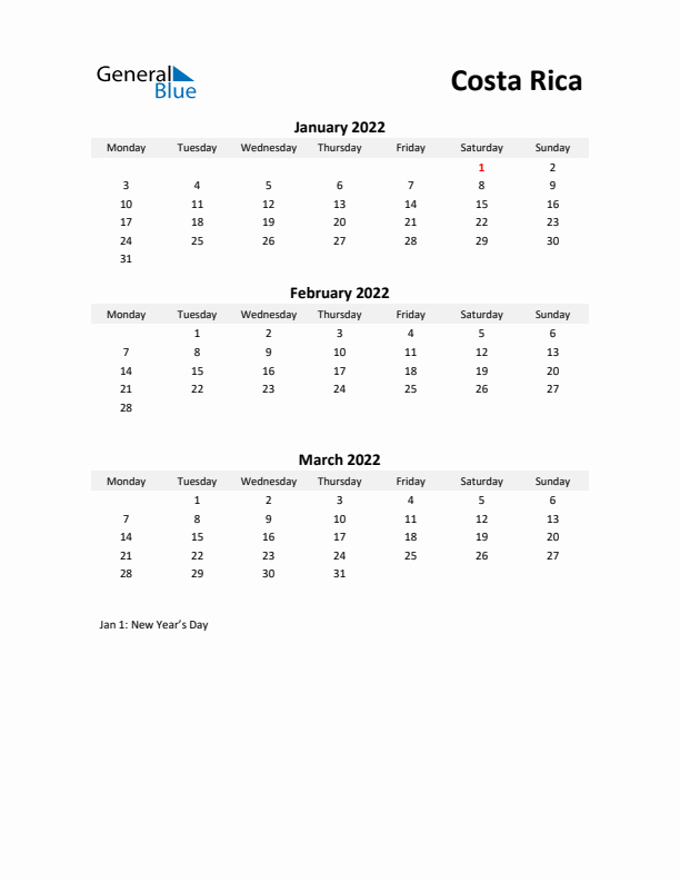 Printable Quarterly Calendar with Notes and Costa Rica Holidays- Q1 of 2022