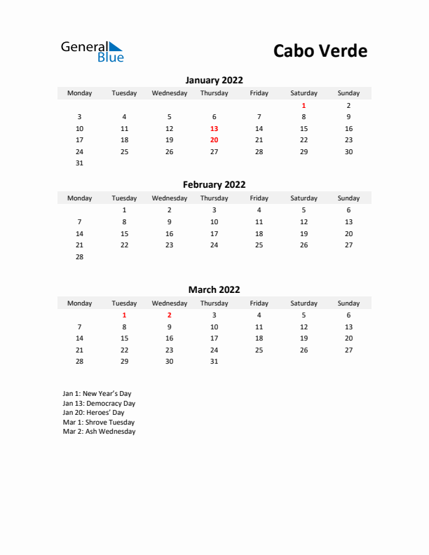 Printable Quarterly Calendar with Notes and Cabo Verde Holidays- Q1 of 2022