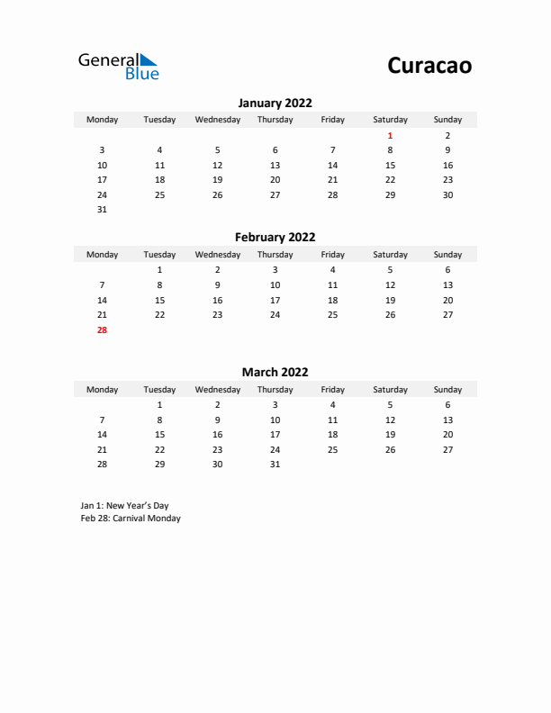 Printable Quarterly Calendar with Notes and Curacao Holidays- Q1 of 2022